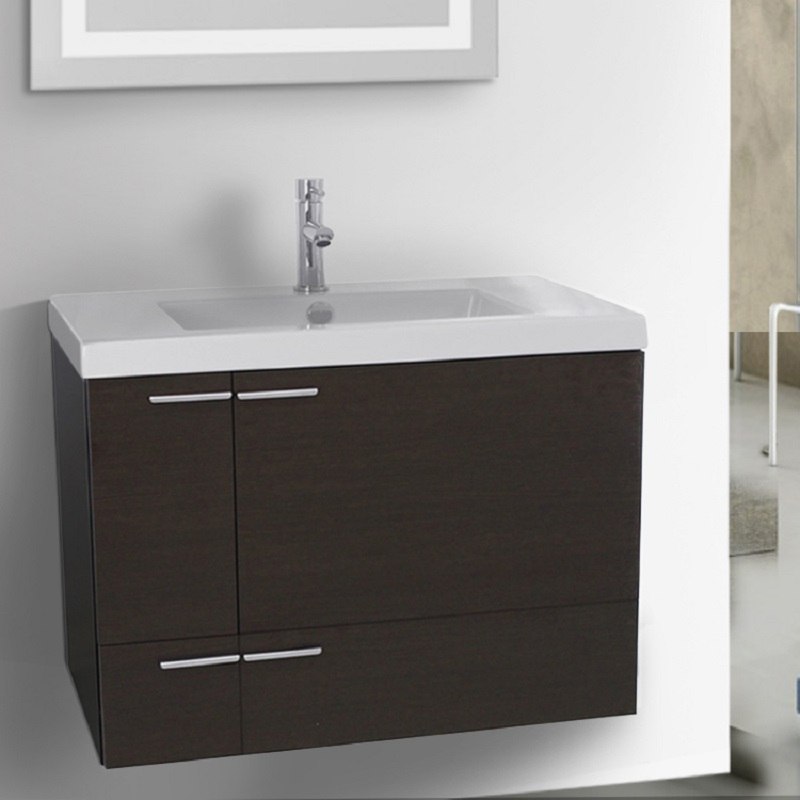 ACF ANS345 NEW SPACE 31 INCH WENGE BATHROOM VANITY WITH FITTED CERAMIC SINK, WALL MOUNTED