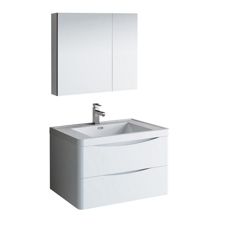 FRESCA FVN9032WH TUSCANY 32 INCH GLOSSY WHITE WALL HUNG MODERN BATHROOM VANITY WITH MEDICINE CABINET