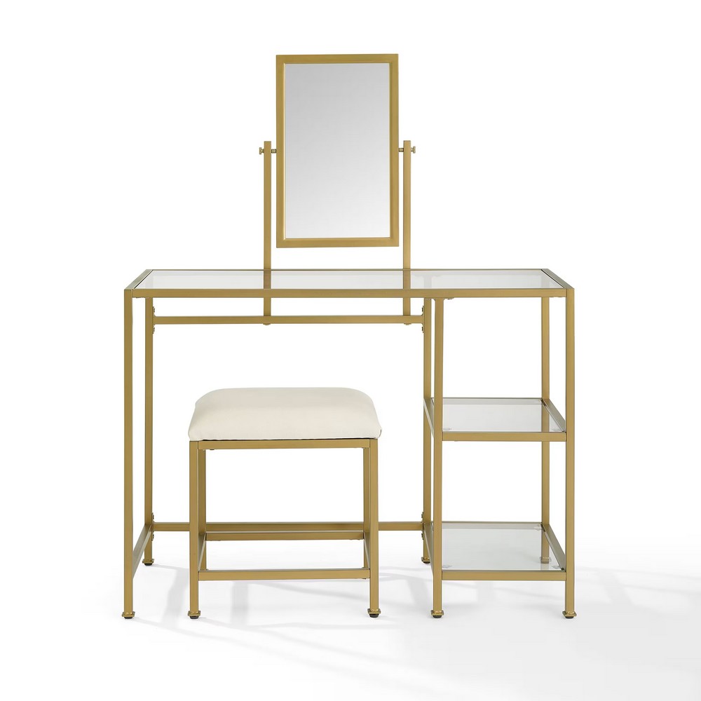 CROSLEY KF13043GL AIMEE 3-PIECE MAKEUP VANITY DESK SET IN SOFT GOLD WITH MIRROR AND STOOL