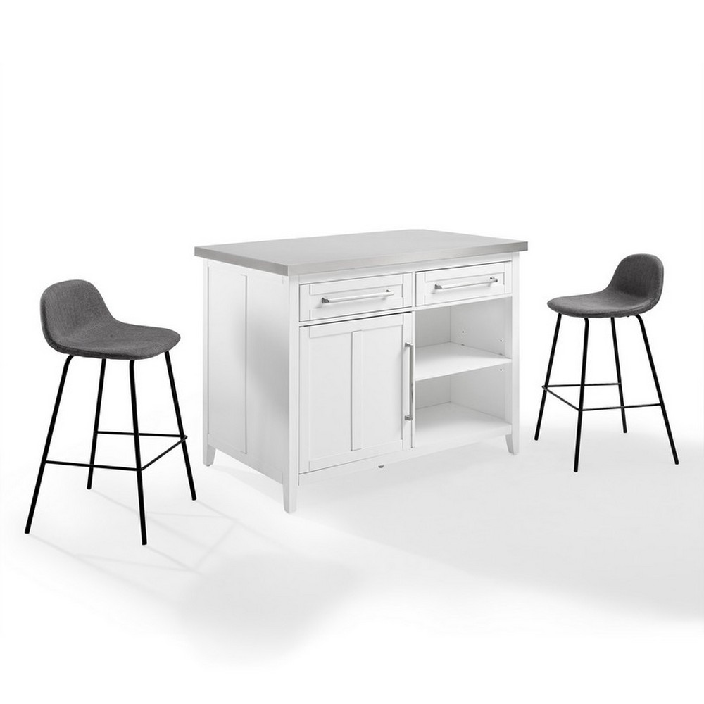 CROSLEY KF30081WH-GY SILVIA 46 INCH STAINLESS STEEL TOP KITCHEN ISLAND WITH RILEY STOOLS IN WHITE AND GRAY