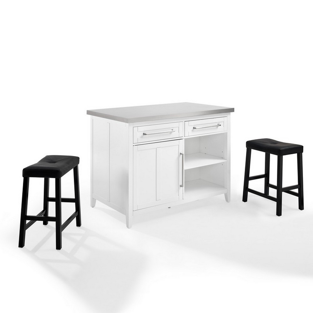 CROSLEY KF30082WH-BK SILVIA 46 INCH STAINLESS STEEL TOP ISLAND WITH UPHOLSTERED SADDLE STOOLS IN WHITE AND BLACK