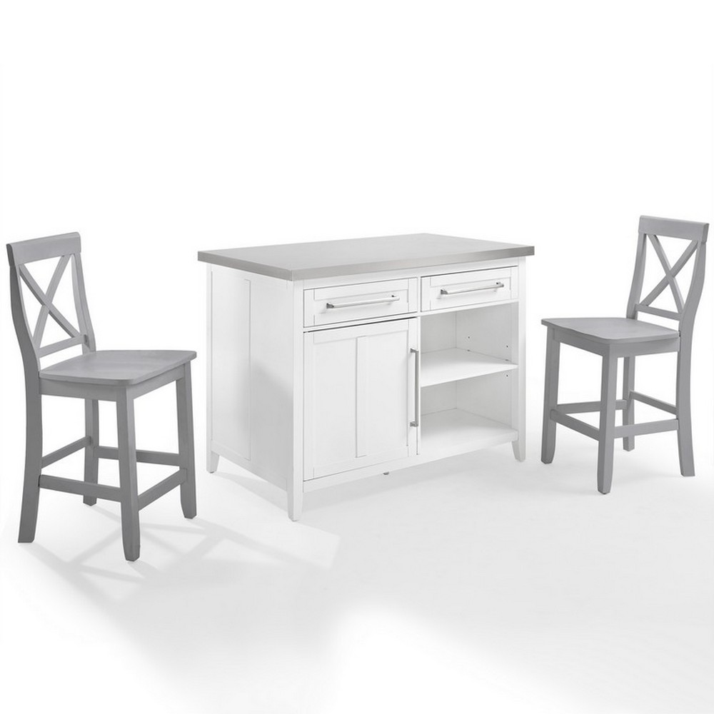 CROSLEY KF30083WH-GY SILVIA 46 INCH STAINLESS STEEL TOP KITCHEN ISLAND WITH X-BACK STOOLS IN WHITE AND GRAY