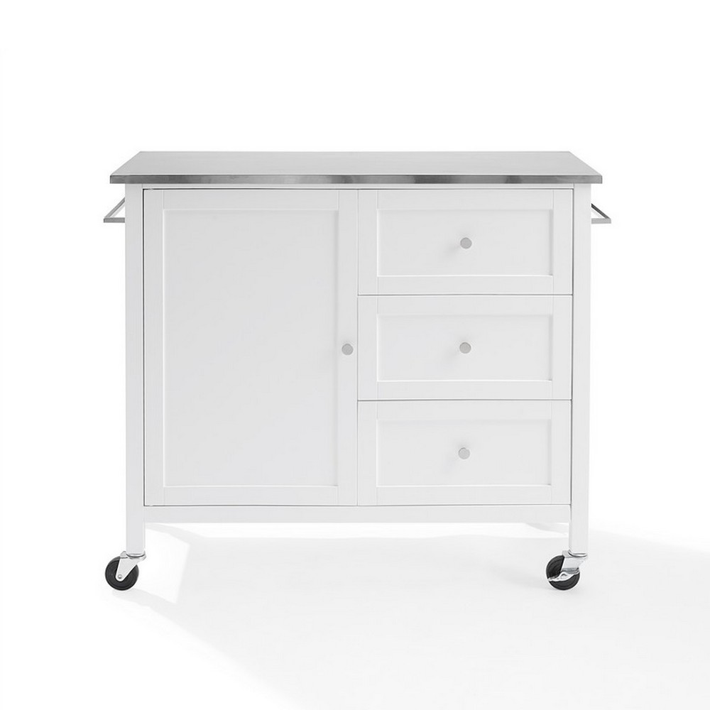 CROSLEY KF30090SS-WH SOREN 42 1/8 INCH STAINLESS STEEL TOP KITCHEN ISLAND CART IN WHITE