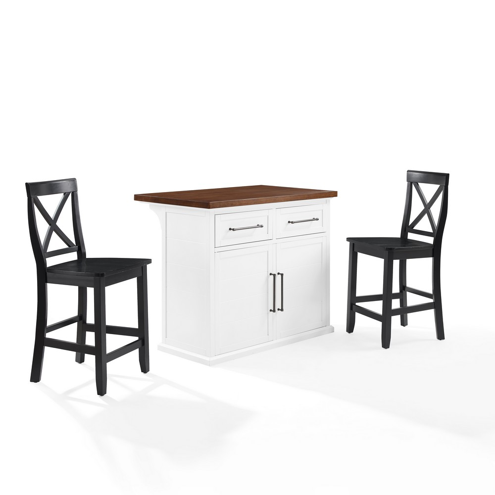CROSLEY KF30092WH-BK BARTLETT 42 INCH WOOD TOP KITCHEN ISLAND WITH X-BACK STOOLS IN WHITE AND BLACK