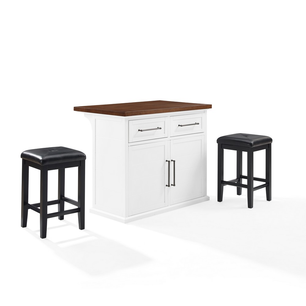 CROSLEY KF30093WH-BK BARTLETT 42 INCH WOOD TOP KITCHEN ISLAND WITH UPHOLSTERED SQUARE STOOLS IN WHITE AND BLACK