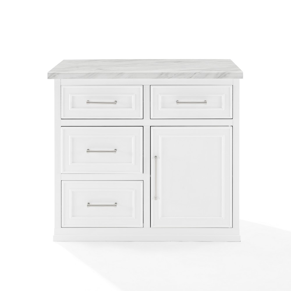 CROSLEY KF30094WM-WH CUTLER 42 INCH FAUX MARBLE TOP KITCHEN ISLAND IN WHITE