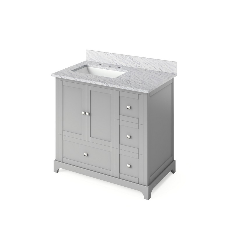 HARDWARE RESOURCES VKITADD36R JEFFREY ALEXANDER 2ND GEN ADDINGTON 36 INCH VANITY WITH LEFT OFFSET, CARRARA MARBLE VANITY TOP AND UNDERMOUNT RECTANGLE BOWL