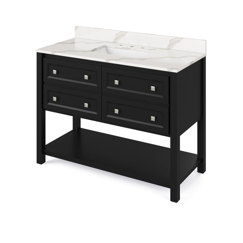 HARDWARE RESOURCES VKITADL48CQR JEFFREY ALEXANDER 2ND GEN ADLER 48 BLACK ADLER VANITY, CALACATTA VIENNA QUARTZ VANITY TOP, UNDERMOUNT RECTANGLE BOWL