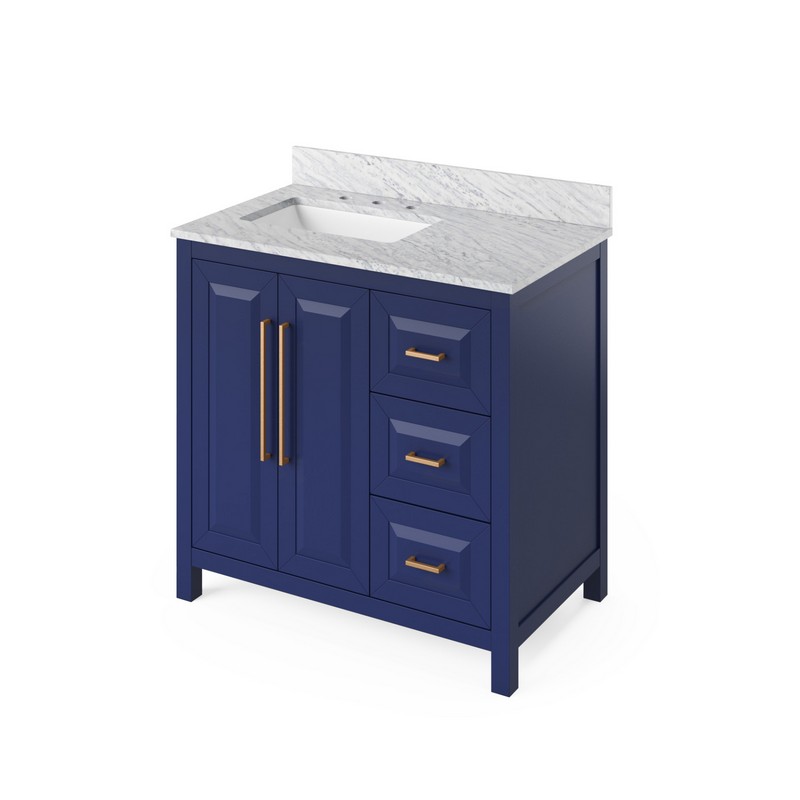 HARDWARE RESOURCES VKITCAD36R JEFFREY ALEXANDER 2ND GEN CADE 36 INCH VANITY WITH LEFT OFFSET, CARRARA MARBLE VANITY TOP AND UNDERMOUNT RECTANGLE BOWL
