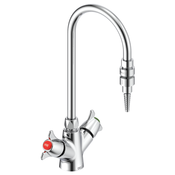 DELTA W6760-9 COMMERCIAL 15 1/2 INCH SINGLE HOLE DECK MOUNT GOOSENECK LABORATORY MIXING FAUCET WITH TWO HANDLES AND SERRATED NOZZLE PLUS IN LINE DUAL CHECK VALVE - CHROME