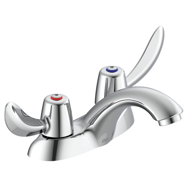 DELTA 21C132 COMMERCIAL 3 3/4 INCH TWO HOLES DOUBLE HANDLES CENTERSET BATHROOM FAUCET WITH HOODED BLADE HANDLES AND VANDAL RESISTANT AERATOR - CHROME