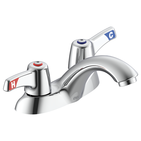 DELTA 21C133-TI COMMERCIAL 3 5/8 INCH TWO HOLES DOUBLE HANDLES CENTERSET BATHROOM FAUCET WITH HOODED BLADE HANDLES VANDAL RESISTANT AERATOR AND TEMPERATURE INDICATORS - CHROME