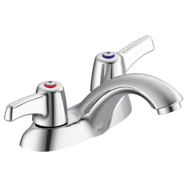 DELTA 21C133 COMMERCIAL 3 5/8 INCH TWO HOLES DOUBLE HANDLES CENTERSET BATHROOM FAUCET WITH HOODED BLADE HANDLES AND VANDAL RESISTANT AERATOR - CHROME