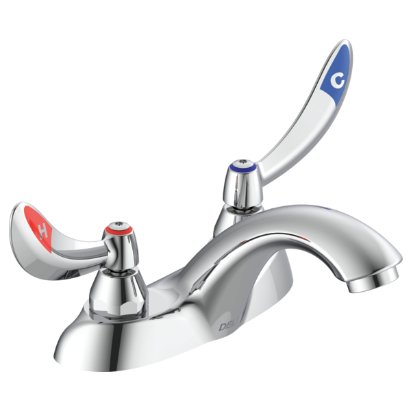 DELTA 21C134-TI COMMERCIAL 4 5/8 INCH TWO HOLES DOUBLE HANDLES CENTERSET BATHROOM FAUCET WITH HOODED BLADE HANDLES VANDAL RESISTANT AERATOR AND TEMPERATURE INDICATORS - CHROME