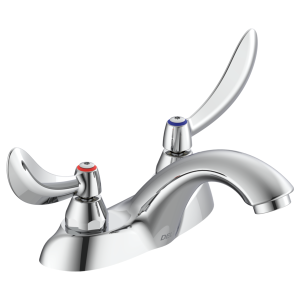 DELTA 21C134 COMMERCIAL 4 5/8 INCH TWO HOLES DOUBLE HANDLES CENTERSET BATHROOM FAUCET WITH HOODED BLADE HANDLES AND VANDAL RESISTANT AERATOR - CHROME