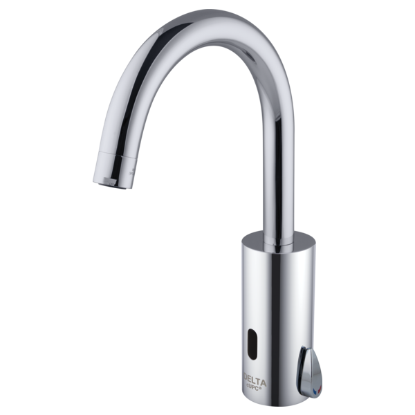 DELTA DEMD-211LF COMMERCIAL 11 3/8 INCH SINGLE HOLE BATTERY OPERATED ELECTRONIC DECK MOUNT BATHROOM FAUCET WITH TEMPERATURE MIXER