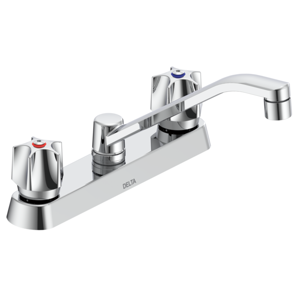 DELTA 26C3131 COMMERCIAL 6 5/8 INCH THREE HOLES DECK MOUNT 1.5 GPM DOUBLE HANDLE CERAMIC DISC KITCHEN FAUCET WITH FLUTE HANDLES WALL FORM SWING SPOUT AND VANDAL RESISTANT AERATOR - CHROME