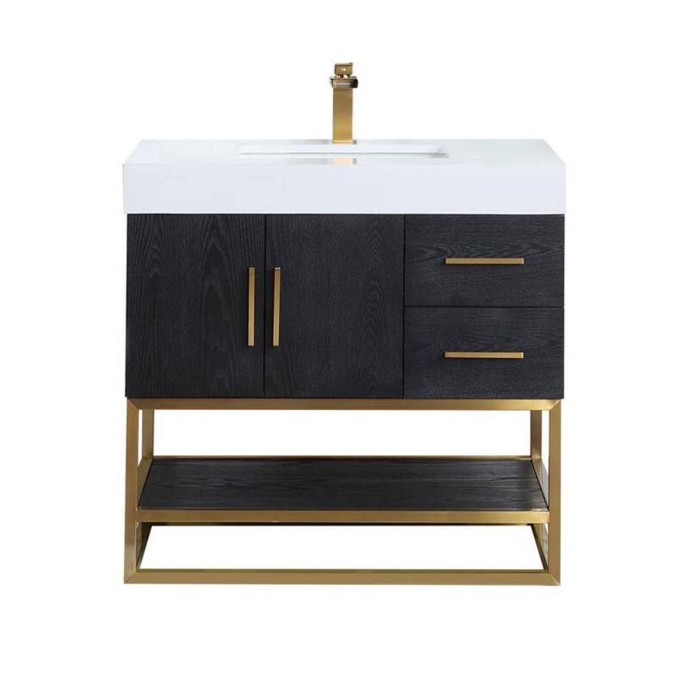 ALTAIR 552036G-BO-WH-NM BIANCO 36 INCH BRUSHED GOLD SUPPORT BASE FREESTANDING SINGLE BATHROOM VANITY IN BLACK OAK WITH WHITE COMPOSITE STONE COUNTERTOP WITHOUT MIRROR