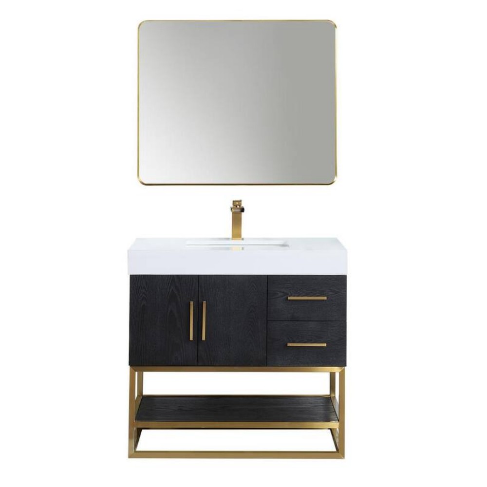 ALTAIR 552036G-BO-WH BIANCO 36 INCH BRUSHED GOLD SUPPORT BASE FREESTANDING SINGLE BATHROOM VANITY IN BLACK OAK WITH WHITE COMPOSITE STONE COUNTERTOP AND MIRROR