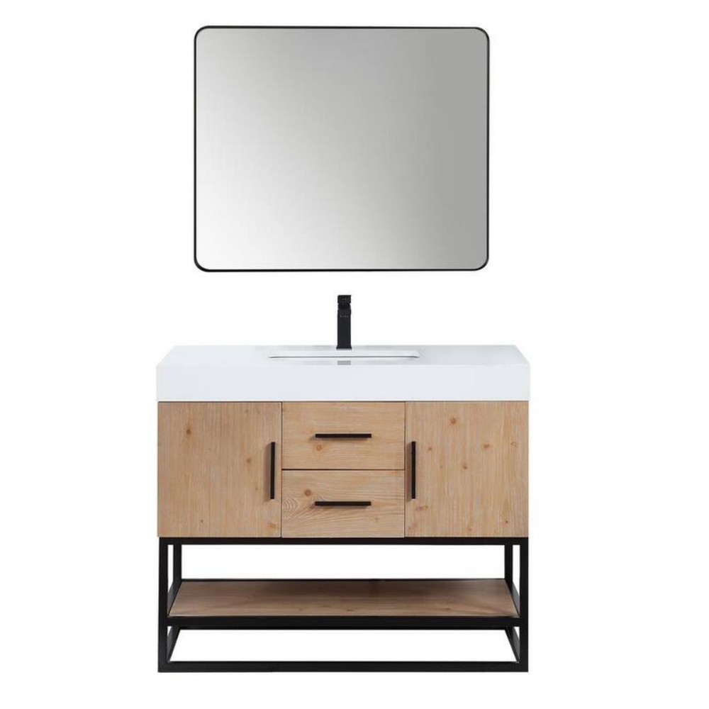 ALTAIR 552042B-LB-WH BIANCO 42 INCH MATTE BLACK SUPPORT BASE FREESTANDING SINGLE BATHROOM VANITY IN LIGHT BROWN WITH WHITE COMPOSITE STONE COUNTERTOP AND MIRROR