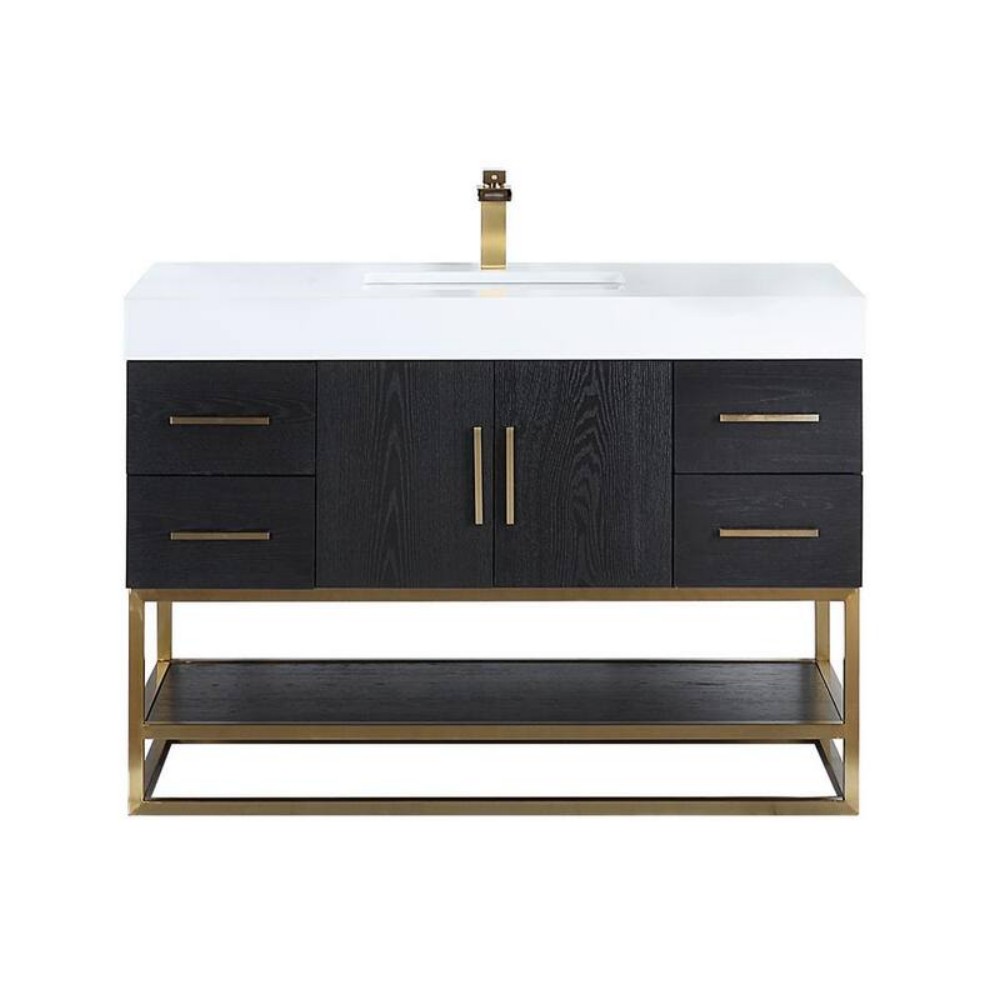 ALTAIR 552048DG-WH-NM BIANCO 48D INCH BRUSHED GOLD SUPPORT BASE FREESTANDING SINGLE BATHROOM VANITY WITH WHITE COMPOSITE STONE COUNTERTOP WITHOUT MIRROR