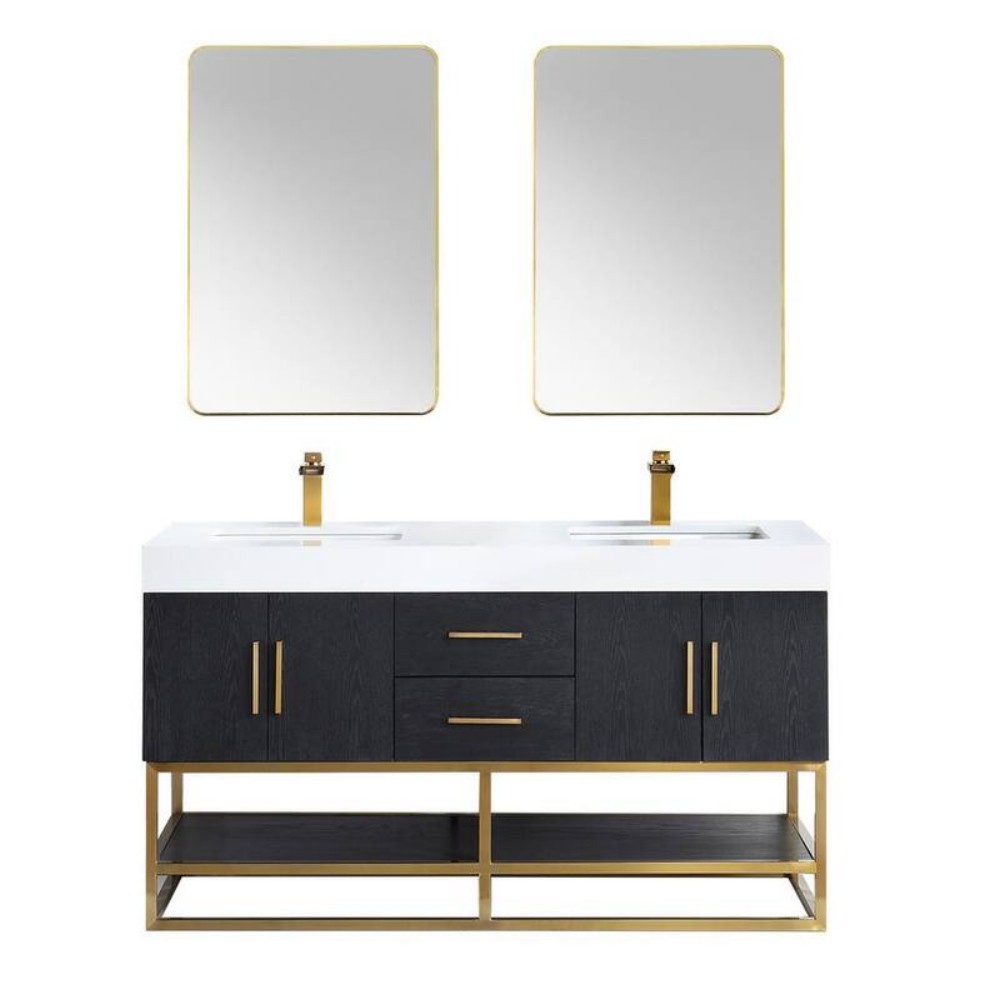 ALTAIR 552060G-BO-WH BIANCO 60 INCH BRUSHED GOLD SUPPORT BASE FREESTANDING DOUBLE BATHROOM VANITY IN BLACK OAK WITH WHITE COMPOSITE STONE COUNTERTOP AND MIRROR