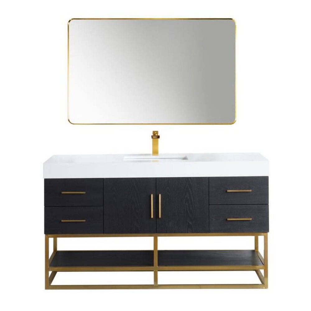 ALTAIR 552060SG-WH BIANCO 60 INCH BRUSHED GOLD SUPPORT BASE FREESTANDING SINGLE BATHROOM VANITY WITH WHITE COMPOSITE STONE COUNTERTOP AND MIRROR