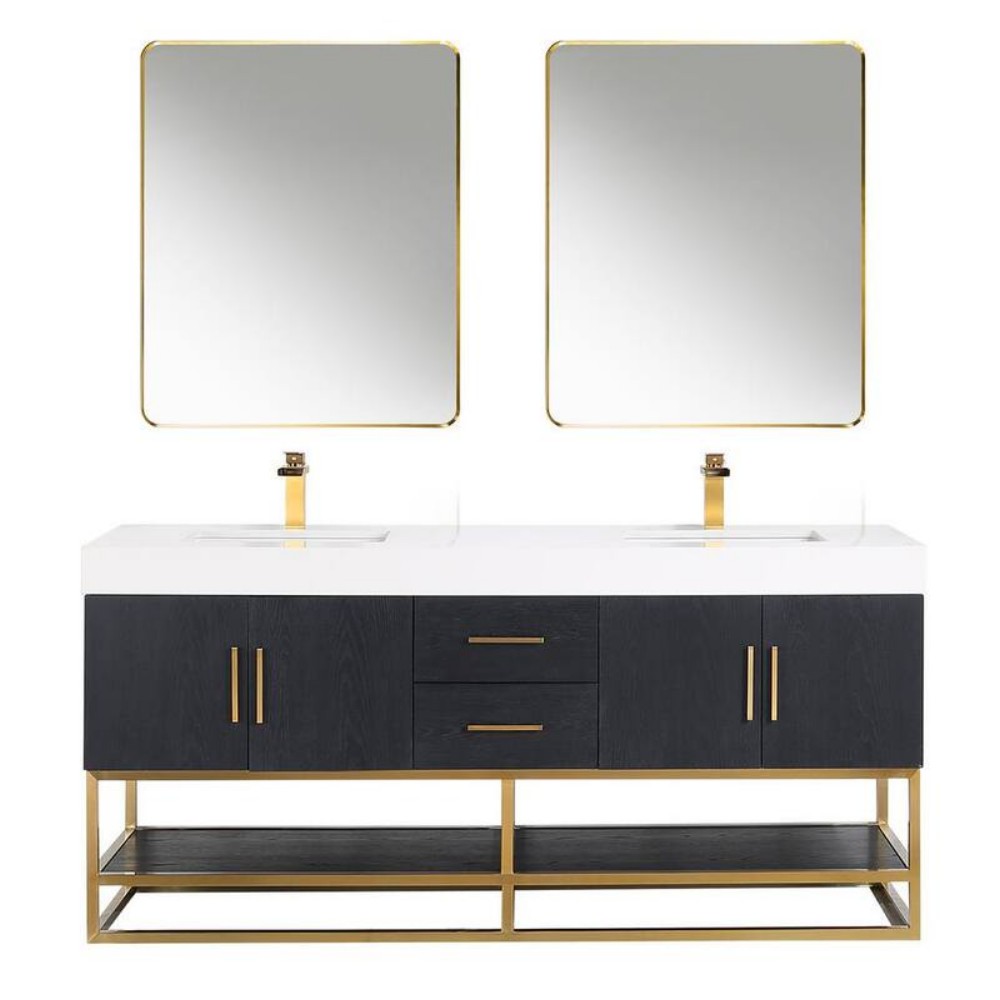 ALTAIR 552072G-BO-WH BIANCO 72 INCH BRUSHED GOLD SUPPORT BASE FREESTANDING DOUBLE BATHROOM VANITY IN BLACK OAK WITH WHITE COMPOSITE STONE COUNTERTOP AND MIRROR