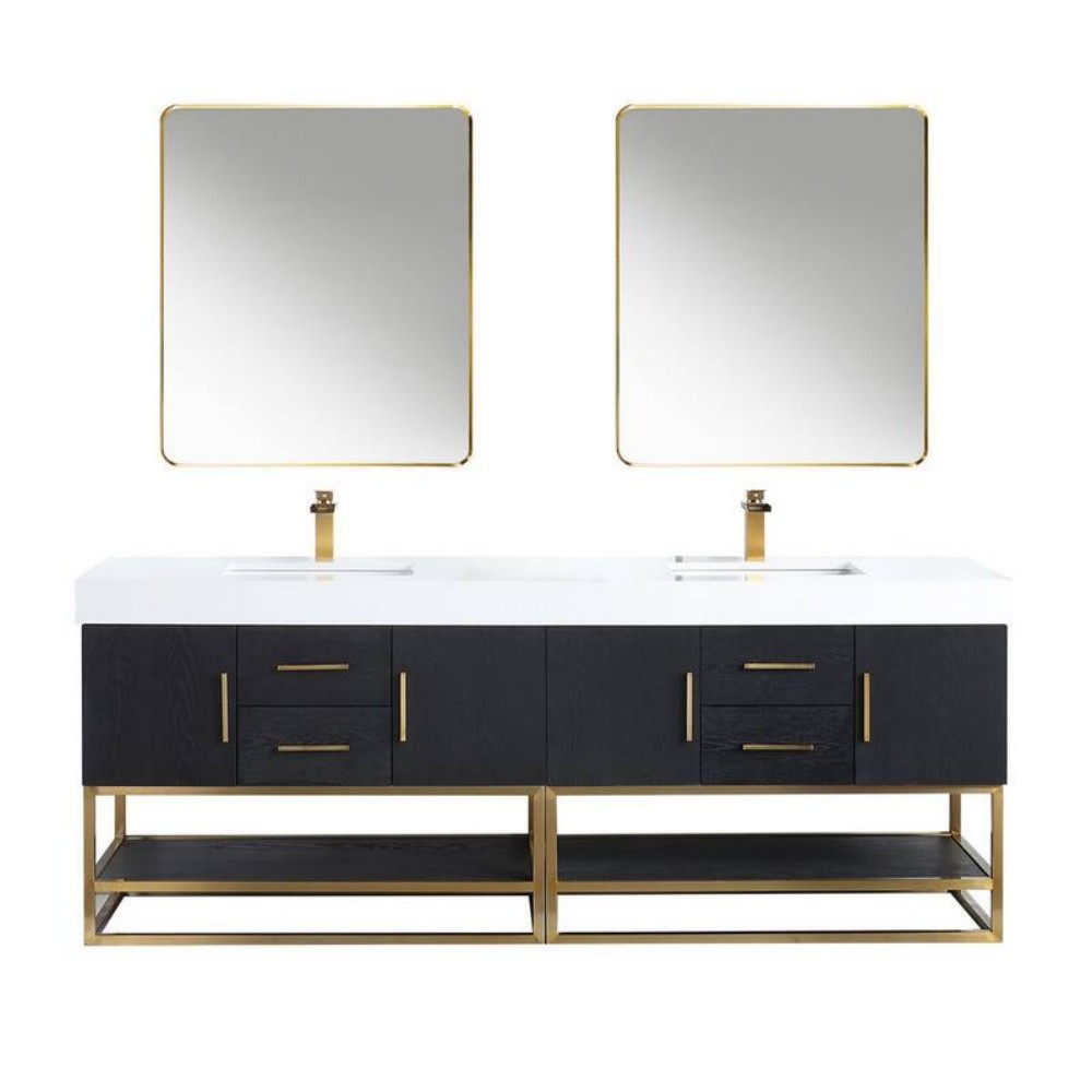 ALTAIR 552084G-WH BIANCO 84 INCH BRUSHED GOLD SUPPORT BASE FREESTANDING DOUBLE BATHROOM VANITY WITH WHITE COMPOSITE STONE COUNTERTOP AND MIRROR