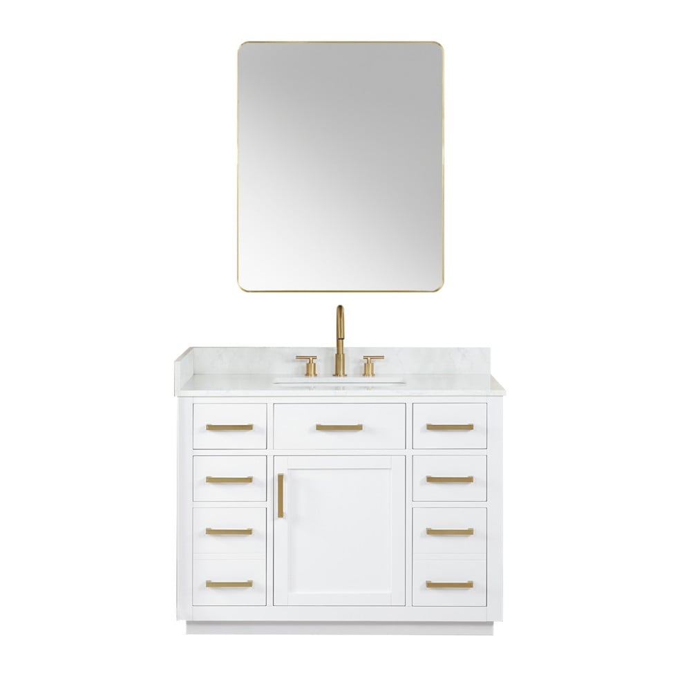 ALTAIR 557042-GW GAVINO 42 INCH FREESTANDING SINGLE BATHROOM VANITY WITH GRAIN WHITE COMPOSITE STONE COUNTERTOP AND MIRROR