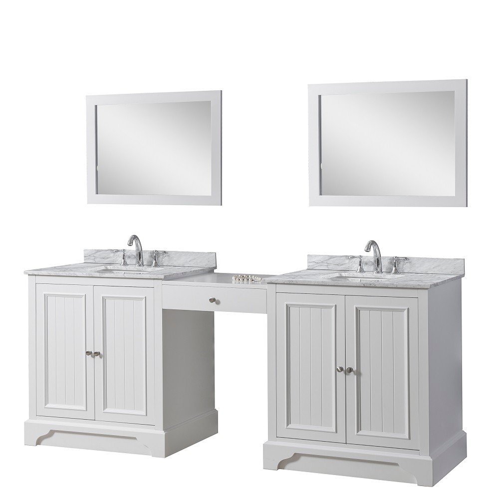 DIRECT VANITY SINK 232S8-WWC KINGSWOOD 87 INCH FREESTANDING DOUBLE SINK BATHROOM VANITY IN WHITE WITH WHITE CARRARA MARBLE TOP AND 2 MIRRORS