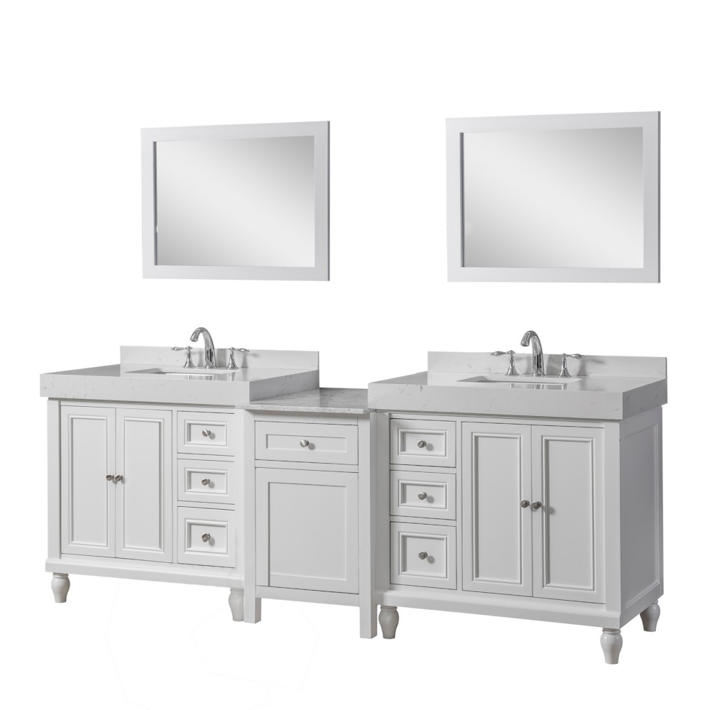 DIRECT VANITY SINK 236S9-WEW CLASSIC EXCLUSIVE 95 INCH FREESTANDING DOUBLE SINK BATHROOM VANITY IN WHITE WITH WHITE CULTURE MARBLE TOP AND 2 MIRRORS