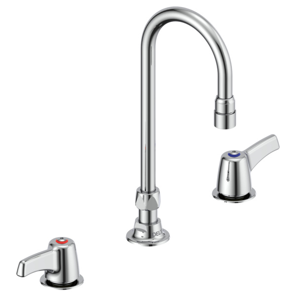 DELTA 23C633 COMMERCIAL 10 3/4 INCH THREE HOLES AND 1.5 GPM WIDESPREAD BATHROOM FAUCET WITH TWO LEVER BLADE HANDLES GOOSENECK SPOUT AND VANDAL RESISTANT AERATOR - CHROME