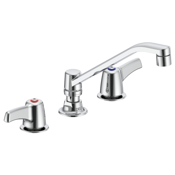 DELTA 27C2123 COMMERCIAL 6 7/8 INCH THREE HOLES BELOW DECK MOUNT 1.5 GPM CERAMIC DISC KITCHEN FAUCET WITH TWO LEVER BLADE HANDLES WALL FORM SWING SPOUT - CHROME