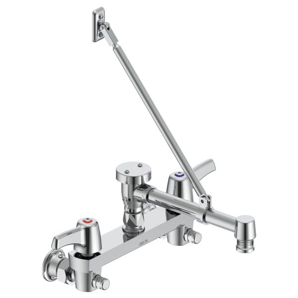 DELTA 28C2383 COMMERCIAL 5 1/8 INCH TWO HOLES WALL MOUNT CERAMIC DISC FAUCET WITH TWO LEVER BLADE HANDLES LONG SPOUT WITH BRACE AND BODY MOUNTED ANGLE VACUUM BREAKER - CHROME