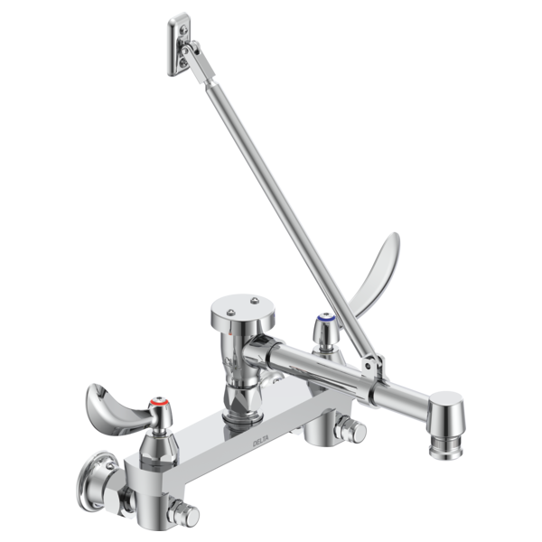 DELTA 28C2384 COMMERCIAL 5 1/8 INCH TWO HOLES WALL MOUNT CERAMIC DISC FAUCET WITH TWO BLADE HANDLES LONG SPOUT WITH BRACE AND BODY MOUNTED ANGLE VACUUM BREAKER - CHROME