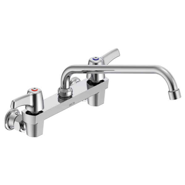 DELTA 28C4423 COMMERCIAL 7 5/8 INCH TWO HOLES WALL MOUNT CERAMIC DISC 1.5 GPM FAUCET LESS INTEGRAL STOPS WITH TWO LEVER BLADE HANDLES 11 INCH TUBULAR SWING SPOUT - CHROME