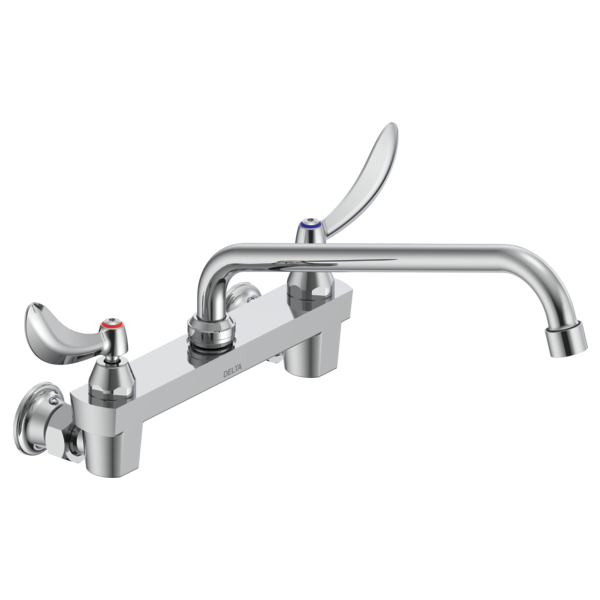 DELTA 28C4424 COMMERCIAL 7 5/8 INCH TWO HOLES WALL MOUNT CERAMIC DISC 1.5 GPM FAUCET LESS INTEGRAL STOPS WITH TWO BLADE HANDLES 11 INCH TUBULAR SWING SPOUT - CHROME
