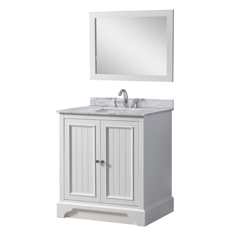 DIRECT VANITY SINK 32S81-WWC-M KINGSWOOD 32 INCH FREESTANDING SINGLE SINK BATHROOM VANITY IN WHITE WITH WHITE CARRARA MARBLE TOP AND MIRROR