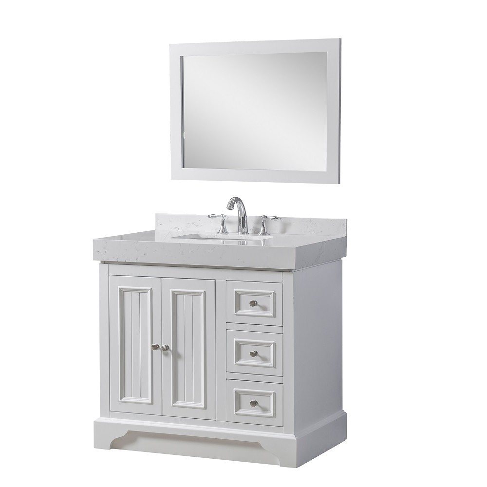 DIRECT VANITY SINK 36S8L-WEW-M KINGSWOOD EXCLUSIVE 36 INCH FREESTANDING SINGLE SINK BATHROOM VANITY IN WHITE WITH WHITE CULTURE MARBLE TOP AND MIRROR