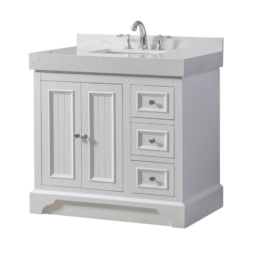 DIRECT VANITY SINK 36S8L-WEW KINGSWOOD EXCLUSIVE 36 INCH FREESTANDING SINGLE SINK BATHROOM VANITY IN WHITE WITH WHITE CULTURE MARBLE TOP