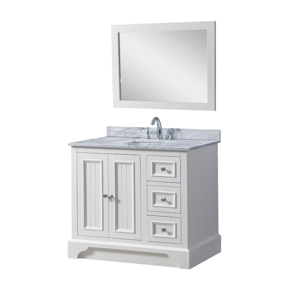 DIRECT VANITY SINK 36S8L-WWC-M KINGSWOOD 36 INCH FREESTANDING SINGLE SINK BATHROOM VANITY IN WHITE WITH WHITE CARRARA MARBLE TOP AND MIRROR