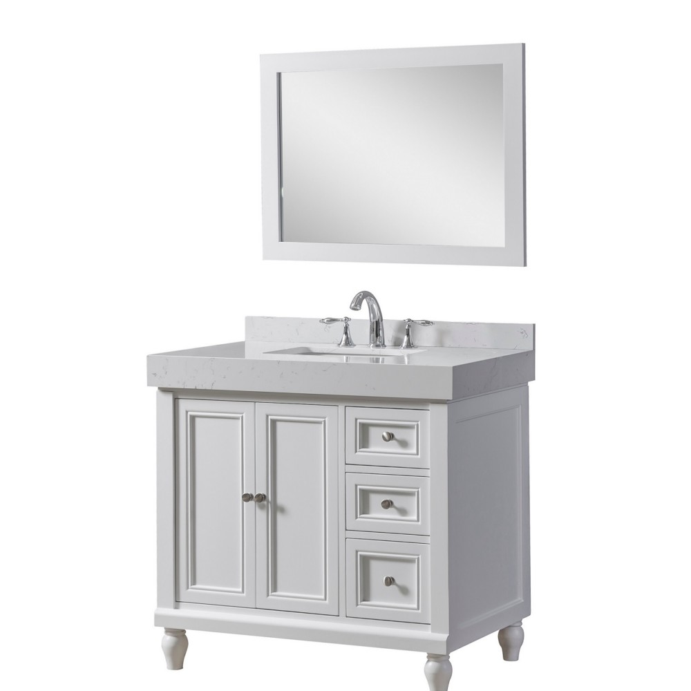 DIRECT VANITY SINK 36S9L-WEW-M CLASSIC EXCLUSIVE 36 INCH FREESTANDING SINGLE SINK BATHROOM VANITY IN WHITE WITH WHITE CULTURE MARBLE TOP AND MIRROR