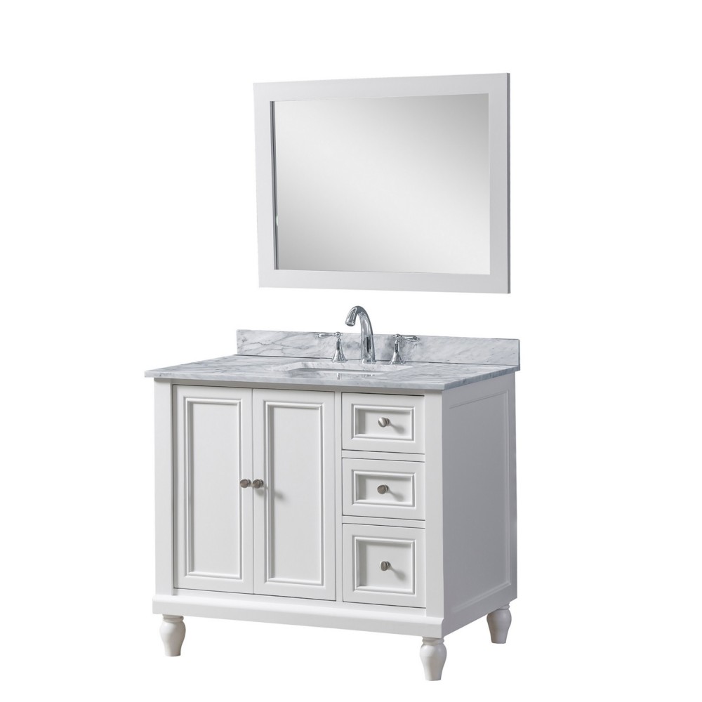 DIRECT VANITY SINK 36S9L-WWC-M CLASSIC 36 INCH FREESTANDING SINGLE SINK BATHROOM VANITY IN WHITE WITH WHITE CARRARA MARBLE TOP AND MIRROR