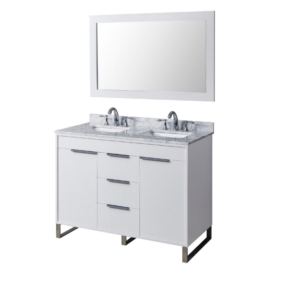 DIRECT VANITY SINK 48D5-WWC-M LUCA 48 INCH FREESTANDING DOUBLE SINK BATHROOM VANITY IN WHITE WITH WHITE CARRARA MARBLE TOP AND MIRROR