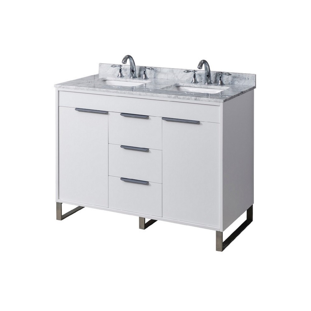 DIRECT VANITY SINK 48D5-WWC LUCA 48 INCH FREESTANDING DOUBLE SINK BATHROOM VANITY IN WHITE WITH WHITE CARRARA MARBLE TOP