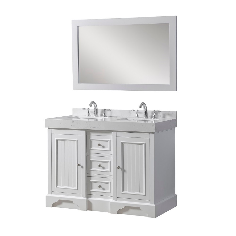 DIRECT VANITY SINK 48D8-WEW-M KINGSWOOD EXCLUSIVE 48 INCH FREESTANDING DOUBLE SINK BATHROOM VANITY IN WHITE WITH WHITE CULTURE MARBLE TOP AND MIRROR