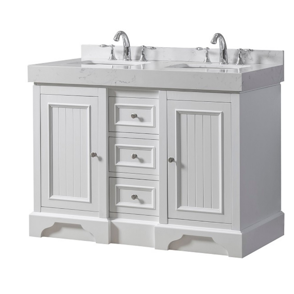 DIRECT VANITY SINK 48D8-WEW KINGSWOOD EXCLUSIVE 48 INCH FREESTANDING DOUBLE SINK BATHROOM VANITY IN WHITE WITH WHITE CULTURE MARBLE TOP