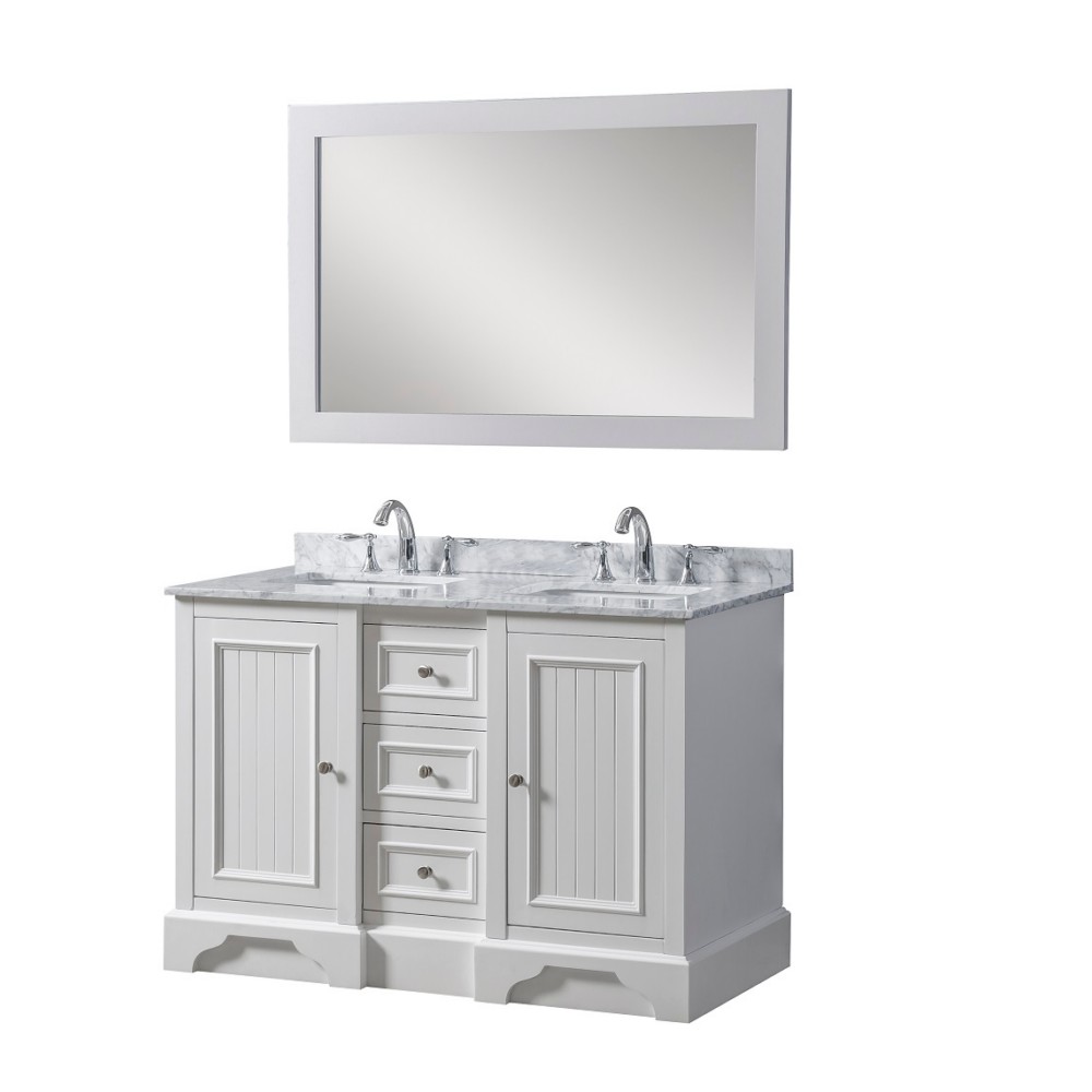 DIRECT VANITY SINK 48D8-WWC-M KINGSWOOD 48 INCH FREESTANDING DOUBLE SINK BATHROOM VANITY IN WHITE WITH WHITE CARRARA MARBLE TOP AND MIRROR