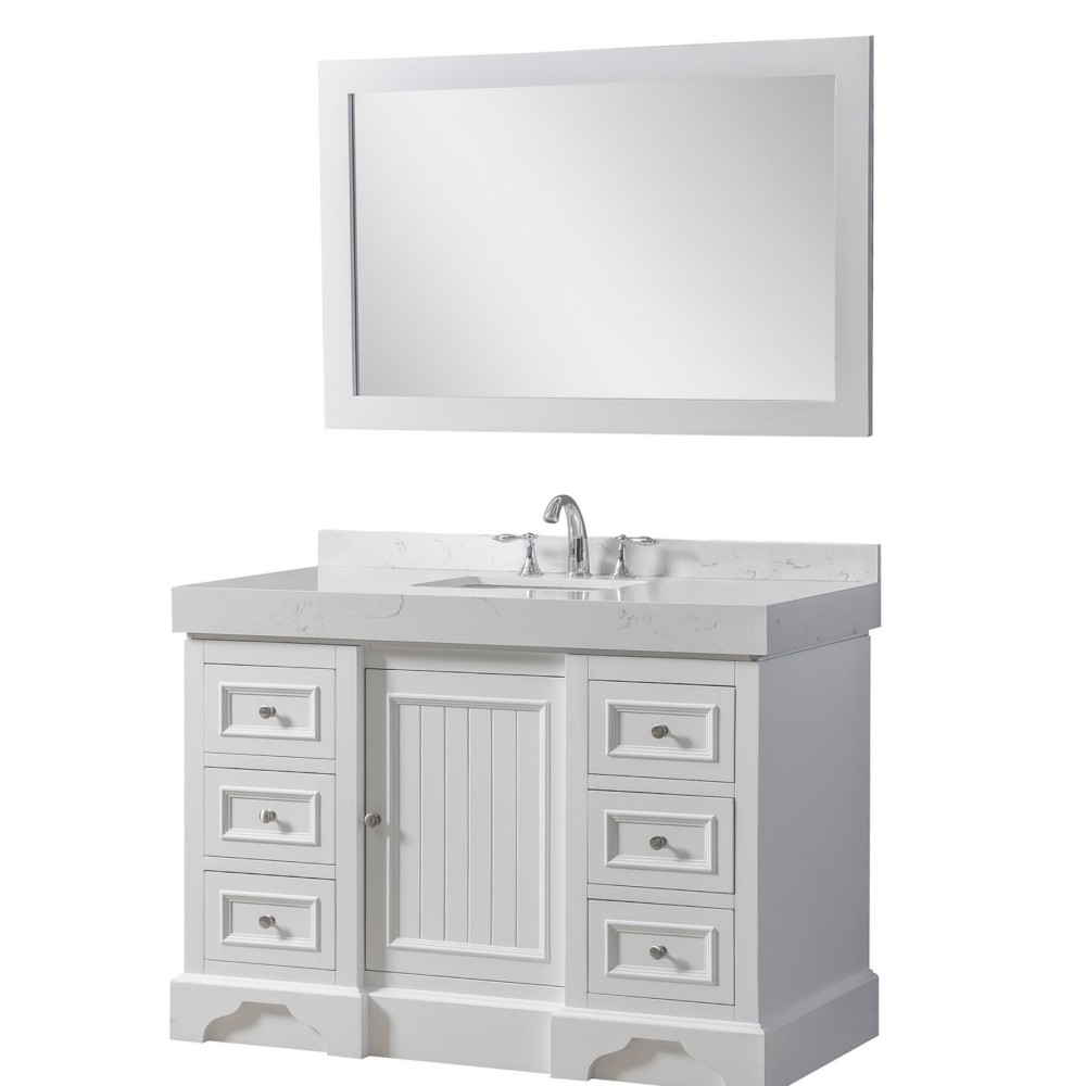 DIRECT VANITY SINK 48S8-WEW-M KINGSWOOD EXCLUSIVE 48 INCH FREESTANDING SINGLE SINK BATHROOM VANITY IN WHITE WITH WHITE CULTURE MARBLE TOP AND MIRROR